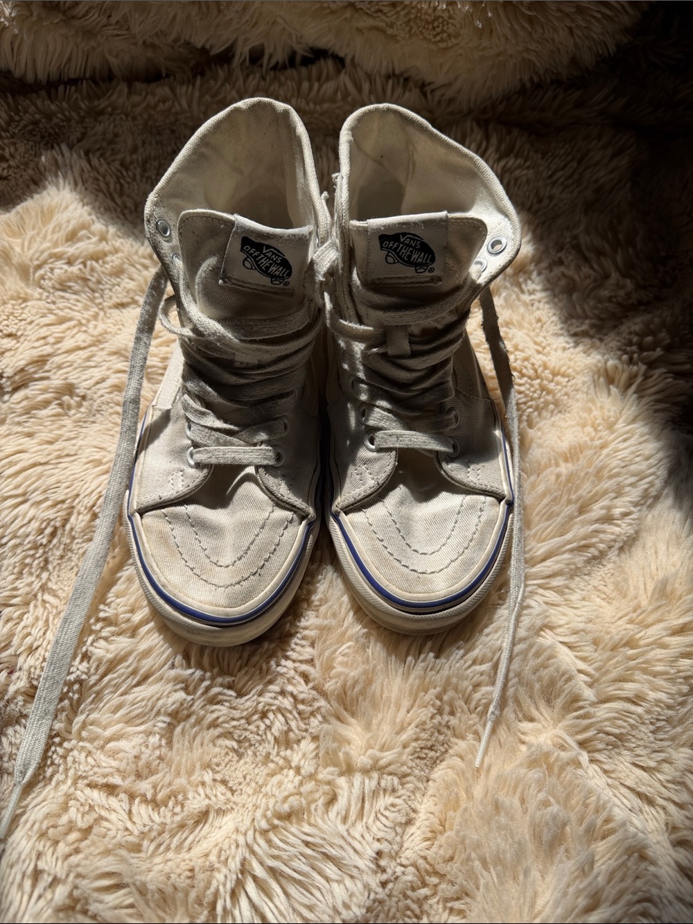 Vans Cream High-Top Sneakers with Blue Stripe